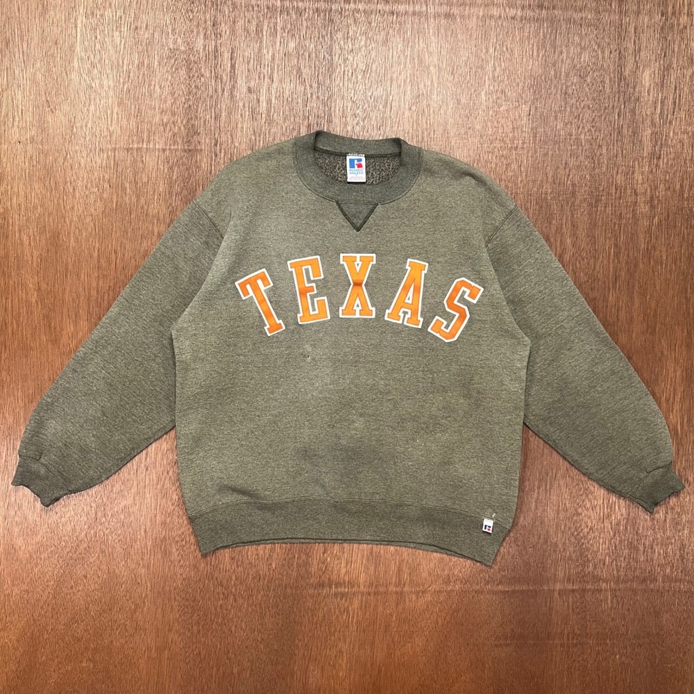 Vintage Russell Athletic Texas Sweatshirt Olive L Made in USA Crewneck V-Notch